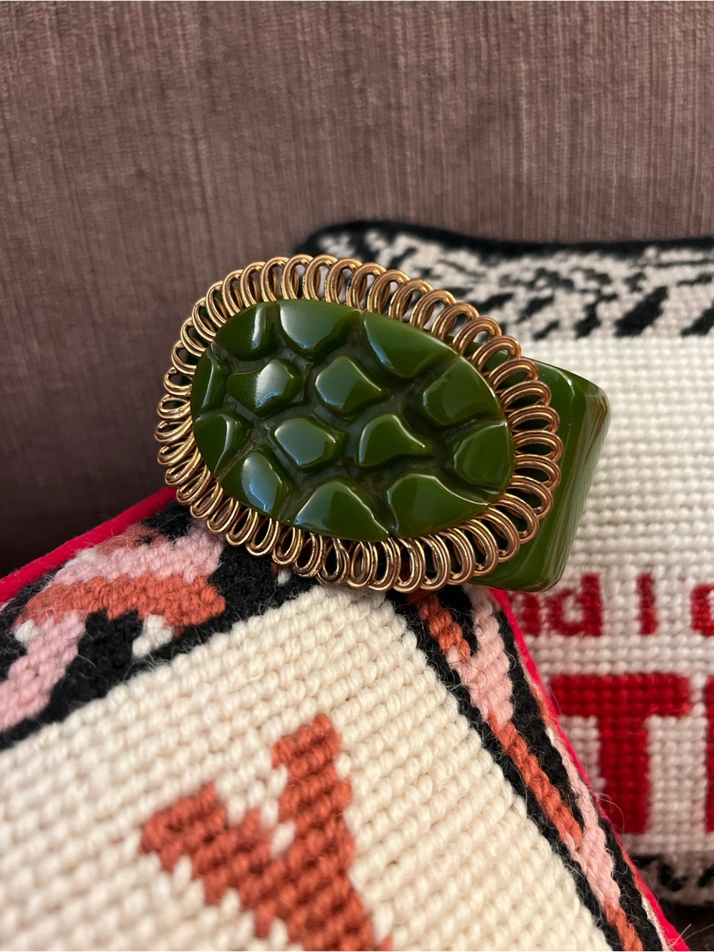 Vintage Green Carved Bakelite Clamper Bracelet